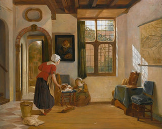 Binnenkant met een dienster, een meisje met een hond en een kaart van Dordrecht - Abraham van Strij — weergave van het kunstwerk