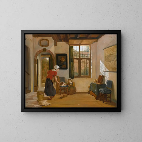 Interior painting with a servant, a girl with a dog, and a map of Dordrecht - Abraham van Strij — framed artwork on a wall