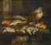Natuurschilderij met zalm, plie, krab en andere vissen gerangschikt op een tafel, uitzicht op de zee daarachter - Abraham van Beijeren — weergave van het kunstwerk