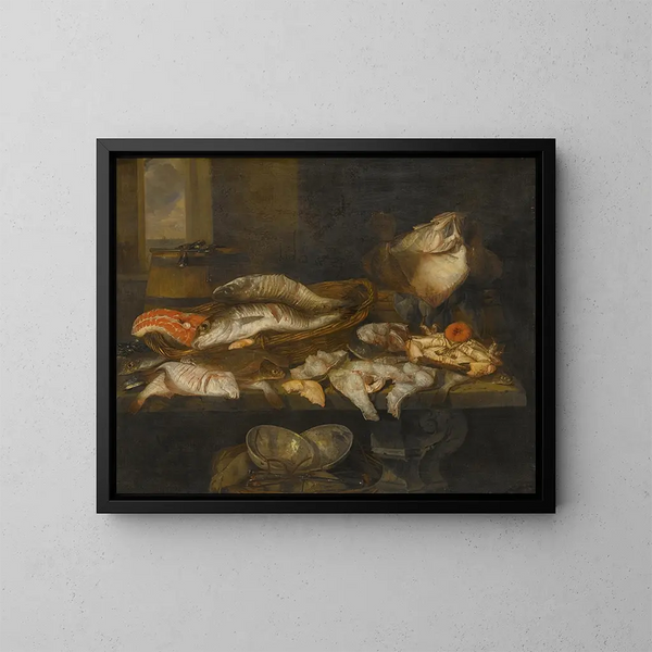 Still life with salmon, flounder, crab, and other fish arranged on a table, overlooking the sea beyond - Abraham van Beijeren — framed artwork on a wall
