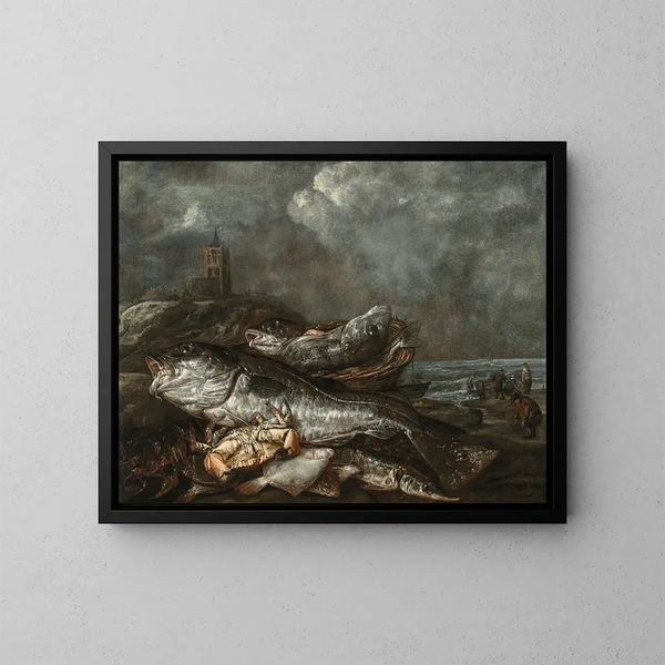 Fish on the Beach at Egmond - Abraham van Beyeren — framed artwork on a wall