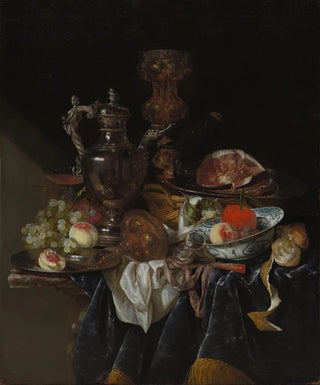Abraham van Beyeren - Silver Wine Jug Ham and Fruit.webp