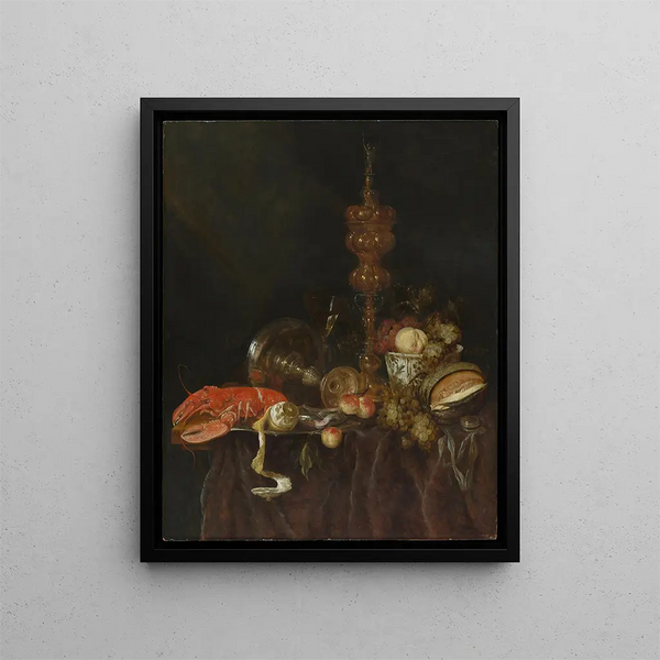 Still life with lobster and fruits - Abraham van Beyeren — framed artwork on a wall