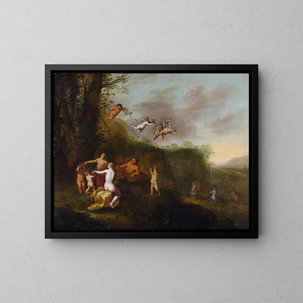 Bacchus et les nymphes dans un paysage - Abraham van Cuylenborch — framed artwork on a wall