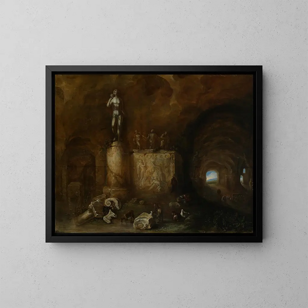Interior of a Cave with Sculptures and a Sleeping Shepherd - Abraham van Cuylenborch — framed artwork on a wall