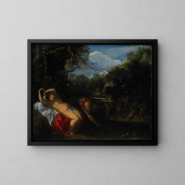 Apollo and Coronis - Adam Elsheimer — framed artwork on a wall