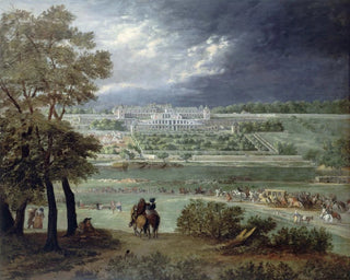 Het Nieuwe Kasteel van Saint-Germain-en-Laye en de tuinen gezien vanaf de rechteroever van de Seine - Adam Frans van der Meulen — weergave van het kunstwerk