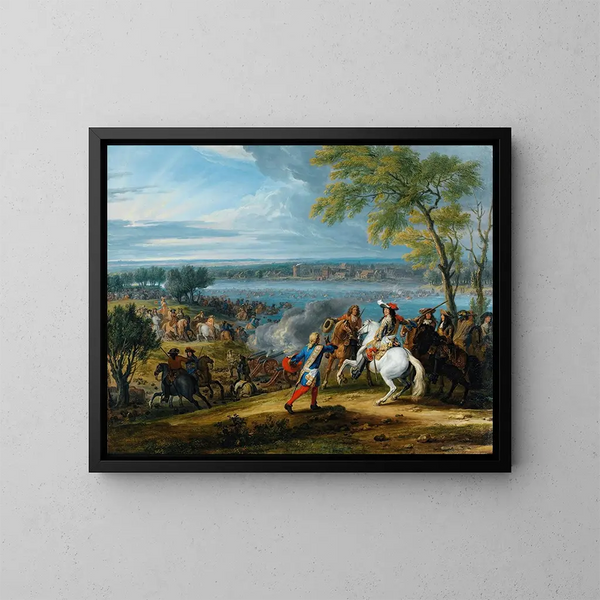 The Passage of the Rhine at Lobith on June 16, 1672 - Adam Frans van der Meulen — framed artwork on a wall