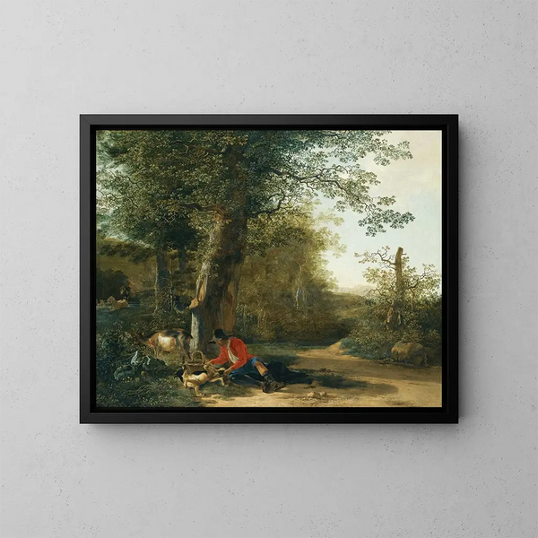 a peasant playing with his dog while resting at the edge of a woods - Adam Pynacker — framed artwork on a wall