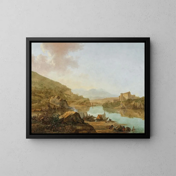 a vast Italian-style river landscape (Conflict of the case) - Adam Pynacker — framed artwork on a wall