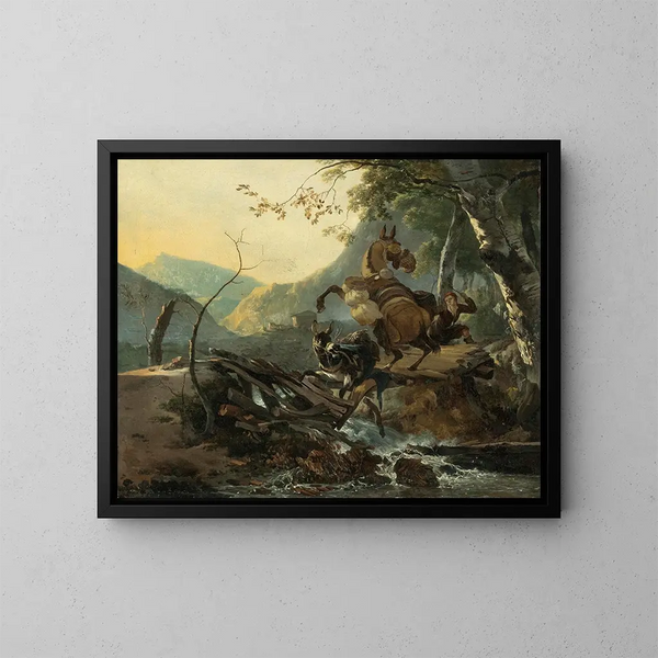 Landscape painting in italics with a donkey and a rearing horse crossing a ruined bridge - Adam Pynacker — framed artwork on a wall