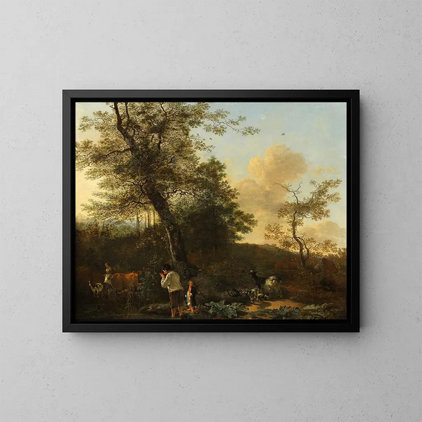 Shepherds and Livestock in a Pasture - Adam Pynacker — framed artwork on a wall