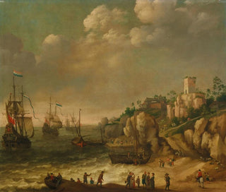 Nederlandse schepen voor een rotsachtige kust met figuren en gebouwen op de achtergrond - Adam Willaerts — weergave van het kunstwerk