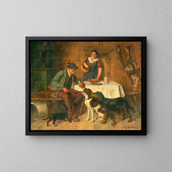 A resting hunter, joyful welcome - Adolf Eberle — framed artwork on a wall