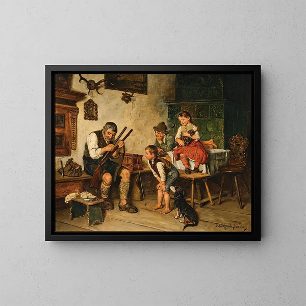 Grandfather preparing for the hunt - Adolf Eberle — framed artwork on a wall