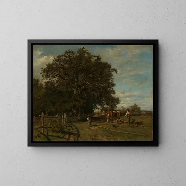 Oak at the Edge of the Forest and Peasant Plowing - Adolf Heinrich Lier — framed artwork on a wall