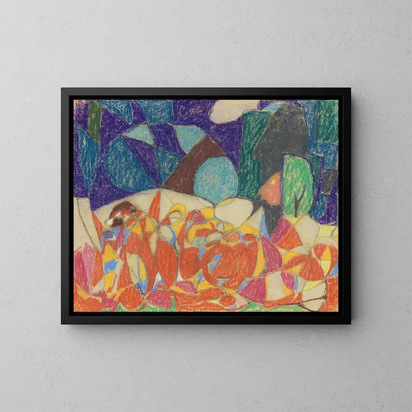 Group of figures under lilac shapes - Adolf Hölzel — framed artwork on a wall