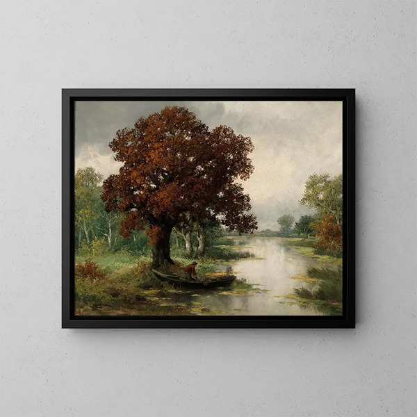 a river landscape with a fisherman in autumn - Adolf Kaufmann — framed artwork on a wall