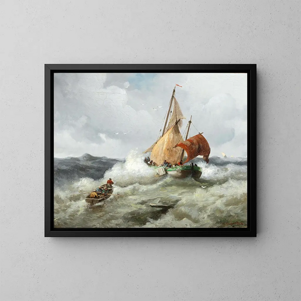 Fishing boat in rough sea - Adolf Kaufmann — framed artwork on a wall