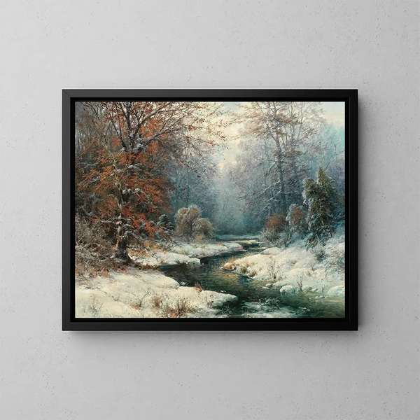 Winter River Landscape Painting - Adolf Kaufmann — framed artwork on a wall