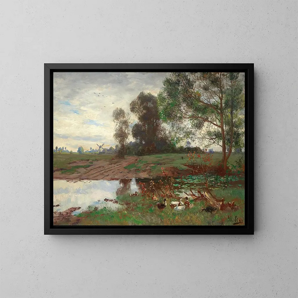 Ducks by the pond - Adolf Lins — framed artwork on a wall