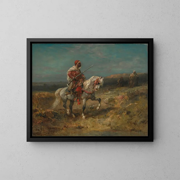 Un cavalier arabe en guet - Adolf Schreyer — framed artwork on a wall