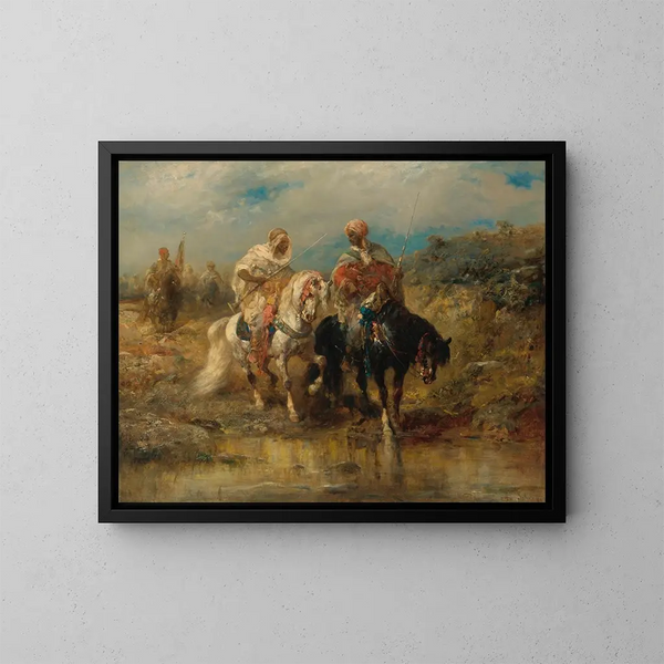 Cavaliers at the Watering Hole - Adolf Schreyer — framed artwork on a wall
