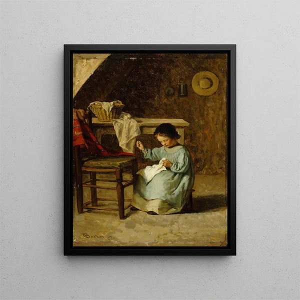 Girl Sewing - Adolf von Becker — framed artwork on a wall