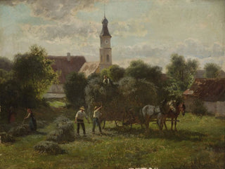 Transport de foin avec vue sur le village et l'église - Adolf van der Venne — weergave van het kunstwerk