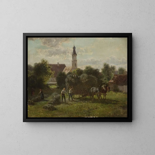 Transport de foin avec vue sur le village et l'église - Adolf van der Venne — ingelijst kunstwerk aan de muur