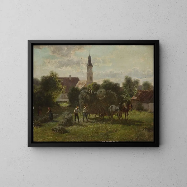 Hay Transport with a view of the village and the church - Adolf van der Venne — framed artwork on a wall