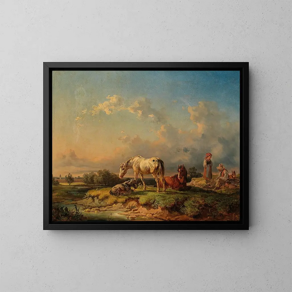 Horses resting near a river - Adolf van der Venne — framed artwork on a wall