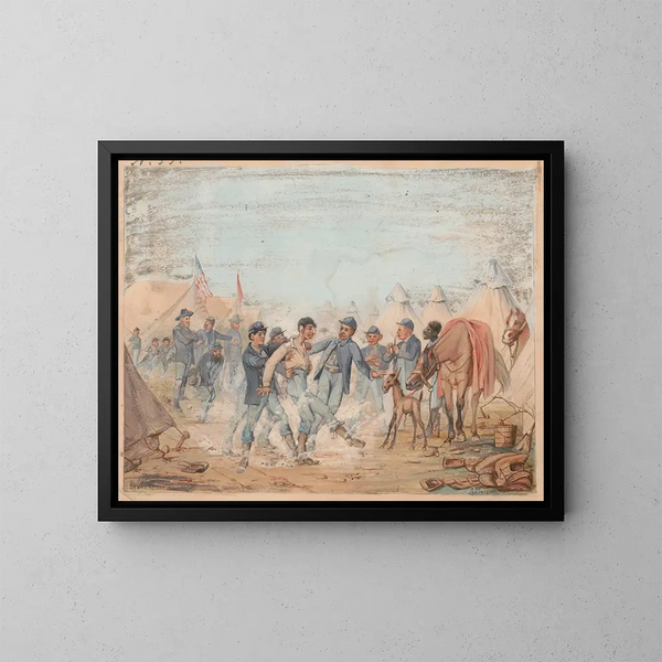 Camp of the thirty-second regiment of volunteers of Indiana, company A, near Stones River, Tennessee, January 1863 - Adolph Metzner — framed artwork on a wall