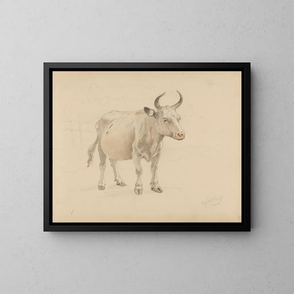 Cow with horns - Adolph Tidemand — framed artwork on a wall