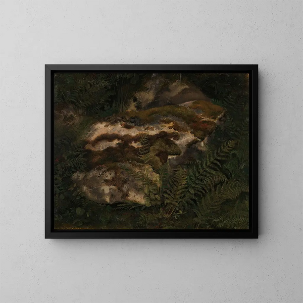 Study of a moss-covered stone and ferns - Adolph Tidemand — framed artwork on a wall
