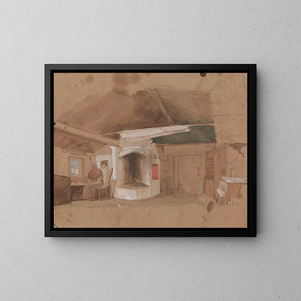 binnenhuis met zittende vrouw - Adolph Tidemand — ingelijst kunstwerk aan de muur