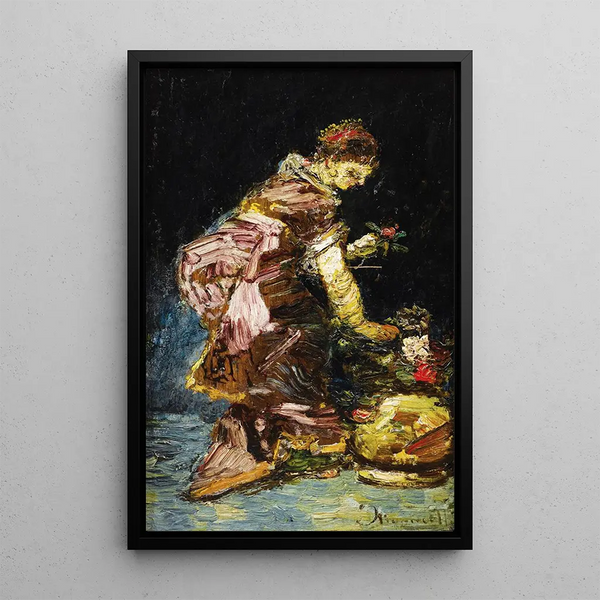 Reproductie van het schilderij Jong meisje dat bloemen rangschikt - Adolphe Monticelli