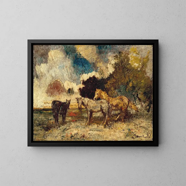 Les Trois Chevaux - Adolphe Monticelli — framed artwork on a wall