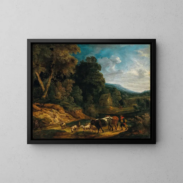a southern landscape with shepherds and their flock - Adriaen Frans Boudewijns — framed artwork on a wall
