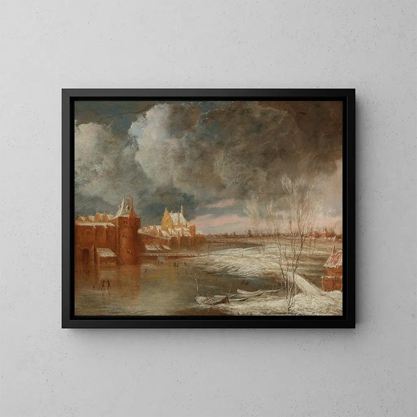 Landschap in de winter bij Rotterdam met de Hofpoort en de oude Delftsche Poort - Adriaen Jansz van Nuys — ingelijst kunstwerk aan de muur