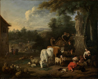 Adriaen Oudendijk - Resting shepherds with their flock and travelers at a well.webp