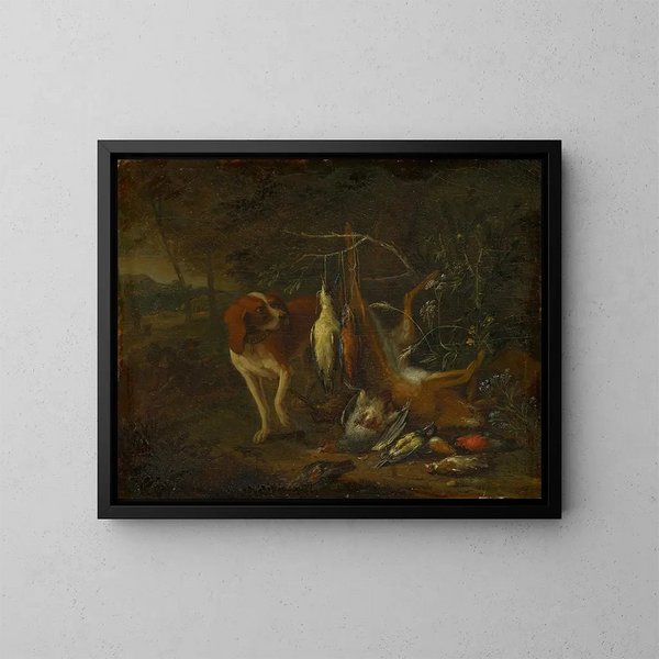 Dog with dead game - Adriaen de Gryef — framed artwork on a wall