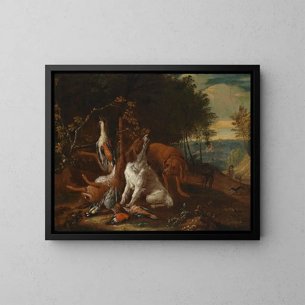 Landscape painting with hunting still life - Adriaen de Gryef — framed artwork on a wall