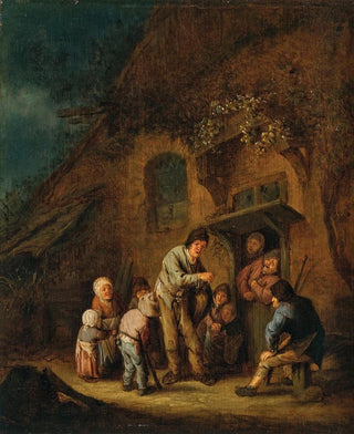 Adriaen van Ostade - A farmyard with children and peasants listening to a hurdygurdy player.webp