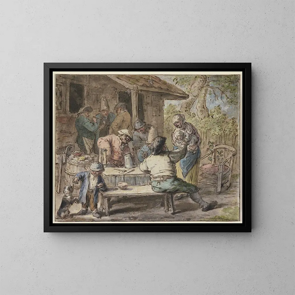 van een boerenlandschap met kinderen voor een huis - Adriaen van Ostade — ingelijst kunstwerk aan de muur