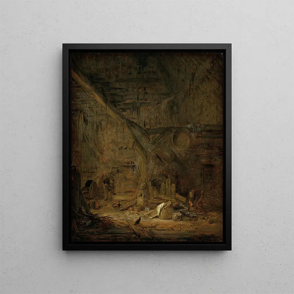 Binnenkant van een schuur - Adriaen van Ostade — ingelijst kunstwerk aan de muur