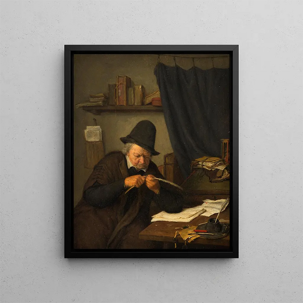 advocaat aan zijn bureau - Adriaen van Ostade — ingelijst kunstwerk aan de muur