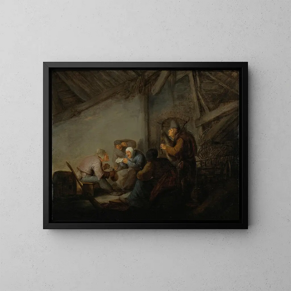 Landbouwers in een kroeg, misschien een weergave van het zintuig gehoor - Adriaen van Ostade — ingelijst kunstwerk aan de muur