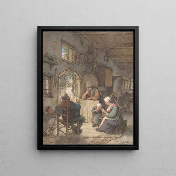 Lezen van het nieuws in de Weavers Cottage - Adriaen van Ostade — ingelijst kunstwerk aan de muur