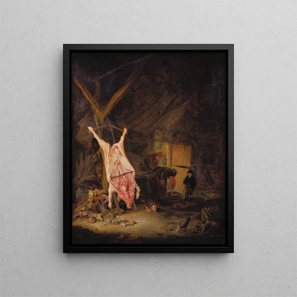 van het afgeschoten varken in een schuur - Adriaen van Ostade — ingelijst kunstwerk aan de muur
